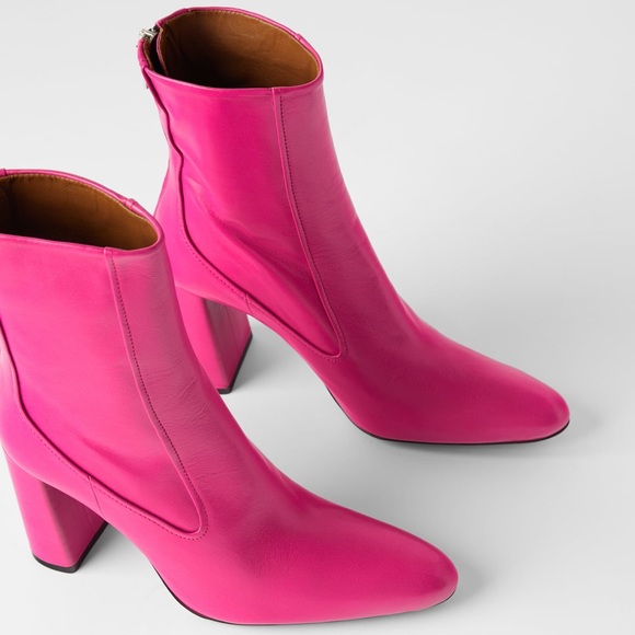 Zara Leather Heeled Ankle Boots w/ Narrow Shaft Pink Color Block NEW. - Picture 5 of 8
